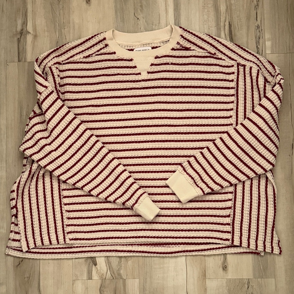 American Eagle Outfitters Red and Cream Striped Crewneck Sweater